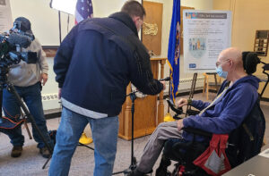 Veteran Richard Evans, a resident at the Minneapolis Veterans Homes, describes receiving the COVID-19 vaccine to the Twin Cities media on Dec. 29.